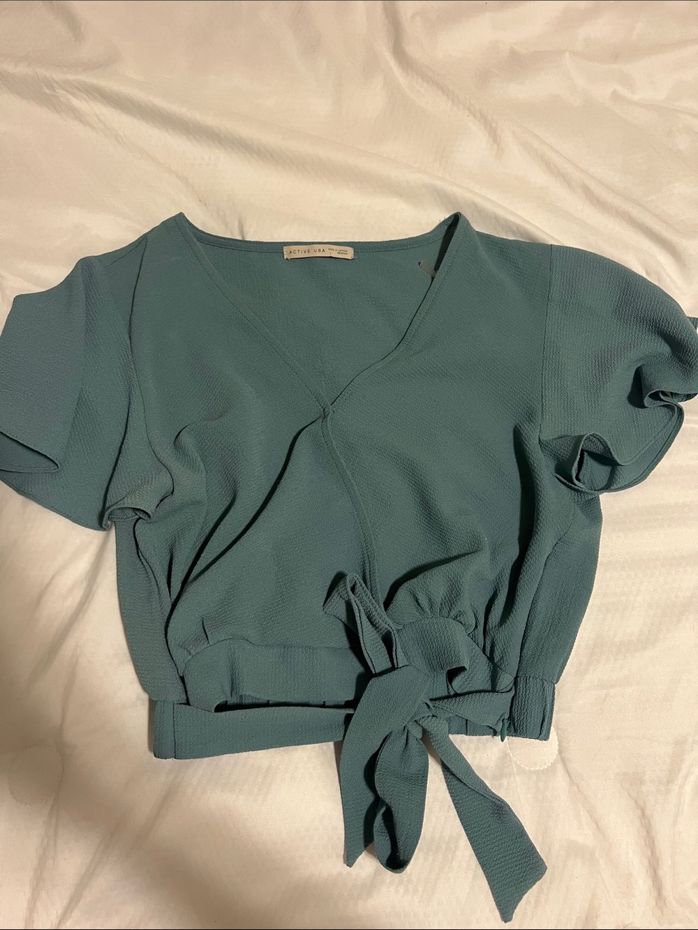 Active USA Teal Wrap Tie-Front V-Neck crop top Blouse